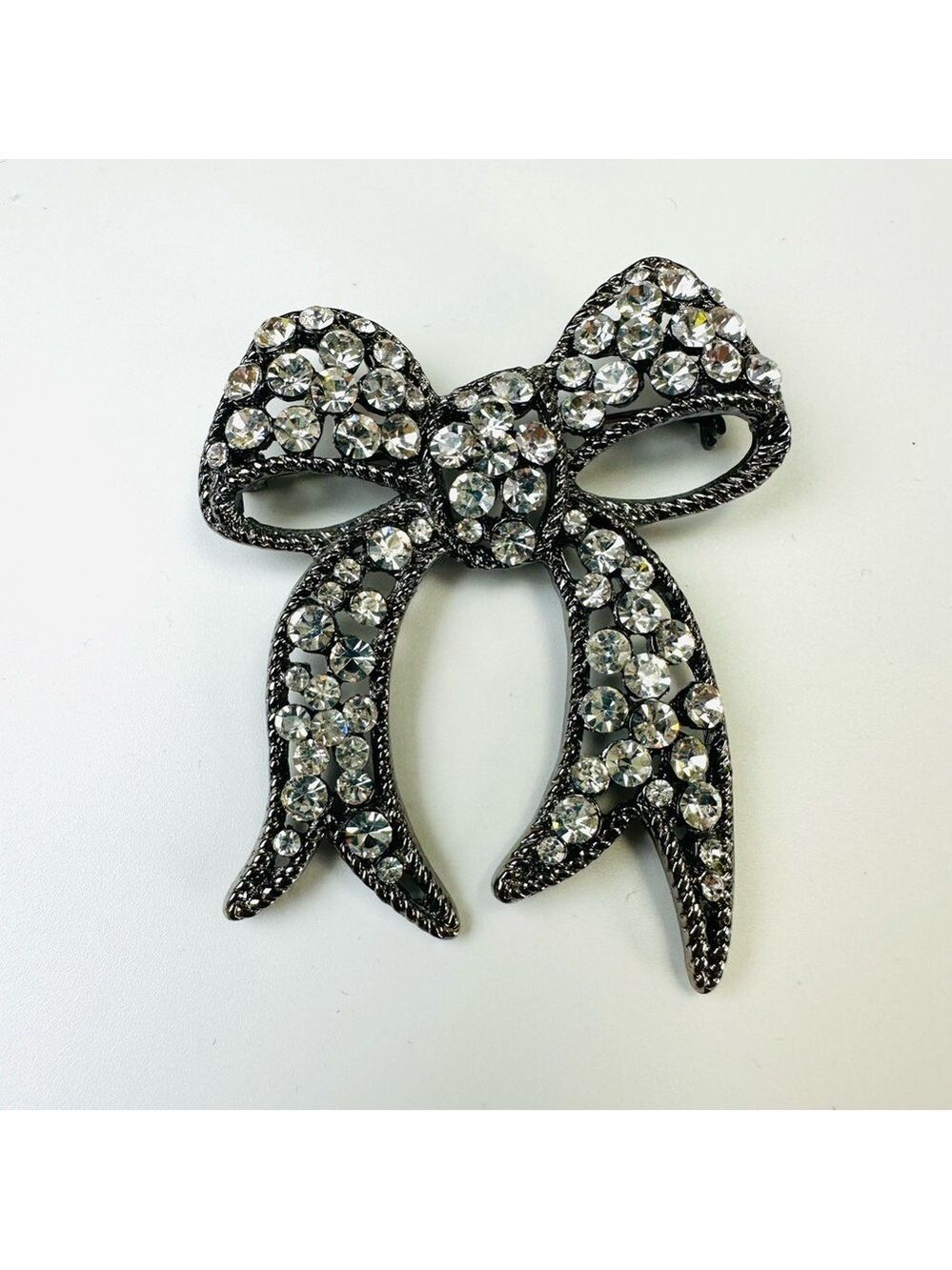 Crystal Bow brooch pin NEW gunmetal base clear crystals